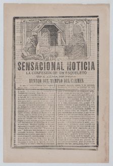 News story about the sighting of a skeleton inside a church, a man lies on the floor..., 1903. Creator: José Guadalupe Posada