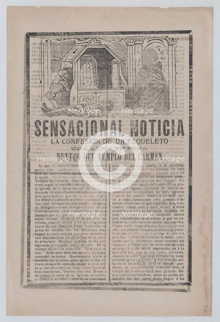 News story about the sighting of a skeleton inside a church, a man lies on the floor..., 1903. Creator: José Guadalupe Posada.
