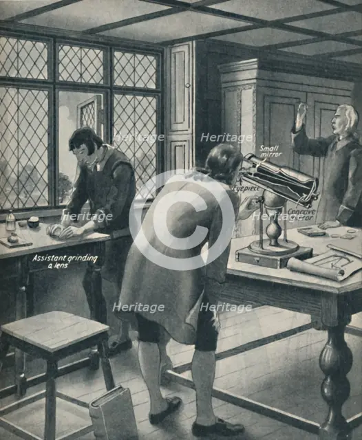 'Newton Invents a New Telescope', c1934. Artist: Unknown.