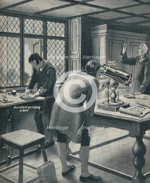 'Newton Invents a New Telescope', c1934. Artist: Unknown.