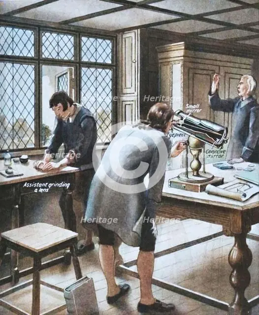 'Newton Invents a New Telescope', c1934. Creator: Unknown.