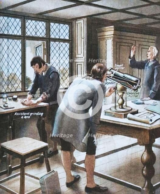 'Newton Invents a New Telescope', c1934. Creator: Unknown.