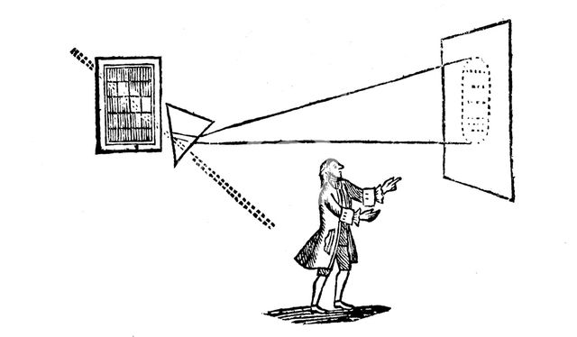 Newton's experiment splitting white light into the colours of the spectrum by a prism, 1757. Creator: Unknown.