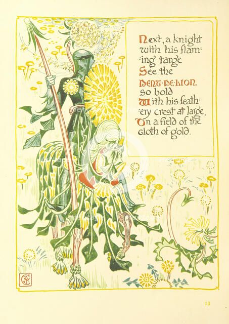 Next, a knight with his flaming targe See the Dent-De-Lion so bold, 1899. Creator: Walter Crane.
