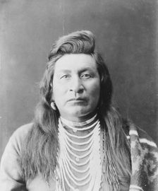 Nez Percé man, head-and-shoulders portrait, facing front, wearing bead necklace..., c1899. Creator: Edward Sheriff Curtis