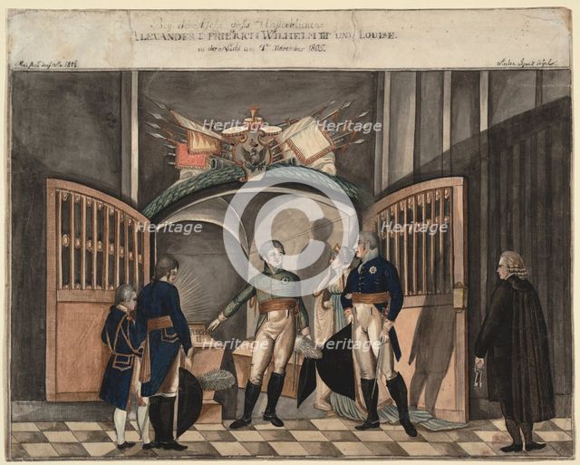 Near the ashes of Frederick the Great. Tsar Alexander I, King Frederick William III and Louise of Pr Artist: Vogel, Anton Ignaz (active ca. 1800)