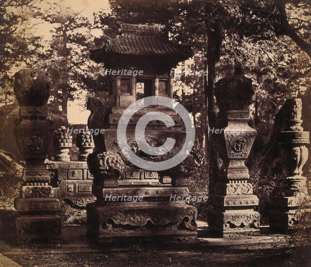 Near Beijing, China: interior of a tomb showing ornate monuments, 1860. Creator: Felice Beato.