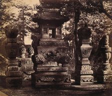 Near Beijing, China: interior of a tomb showing ornate monuments, 1860. Creator: Felice Beato