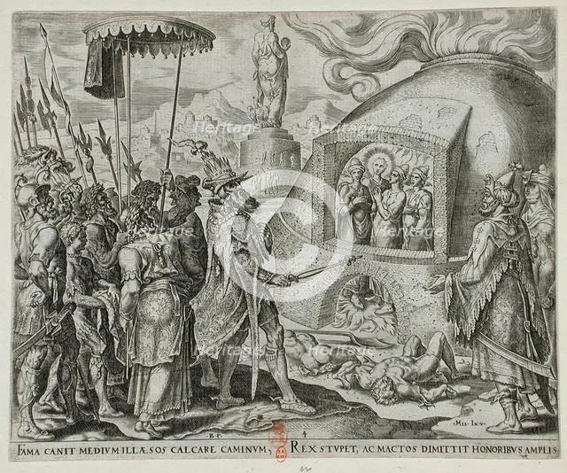 Nebuchadnezzar Seeing the Three Jews Unhurt in the Flames, 1565. Creators: Philip Galle, Nebuchadnezzar II.