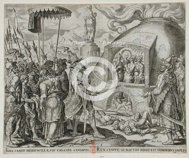 Nebuchadnezzar Seeing the Three Jews Unhurt in the Flames, 1565. Creators: Philip Galle, Nebuchadnezzar II.