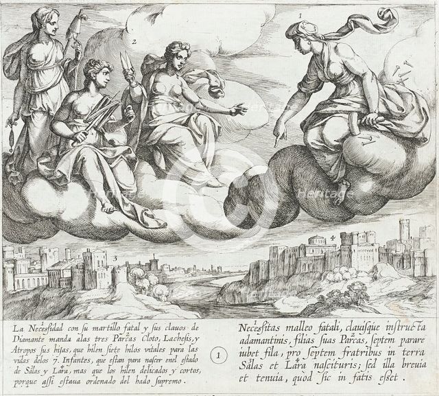 Necessity Commands Her Daughters, the Fates, to Weave Short and Frail Life Threads..., 1612. Creator: Antonio Tempesta.