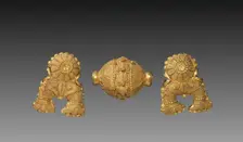 Necklace Bead and Pair of Pendants in the Shape of an Auspicious Symbol, c. 150 BC. Creator: Unknown
