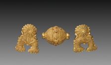 Necklace Bead and Pair of Pendants in the Shape of an Auspicious Symbol, c. 150 BC. Creator: Unknown