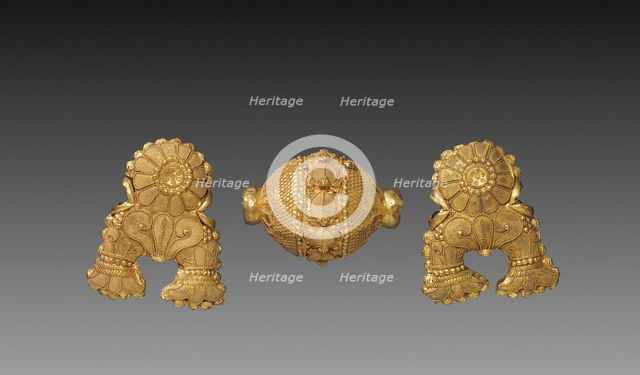 Necklace Bead and Pair of Pendants in the Shape of an Auspicious Symbol, c. 150 BC. Creator: Unknown.