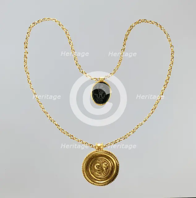 Necklace with Gold Marriage Medallion..., Byzantine, 400-450 (medallion); 100-200 (amulet). Creator: Unknown.