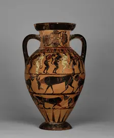 Neck amphora with (A) nude men and women, and (B) man and woman between sphinxes, 565-550 BC. Creator: Timiades Painter