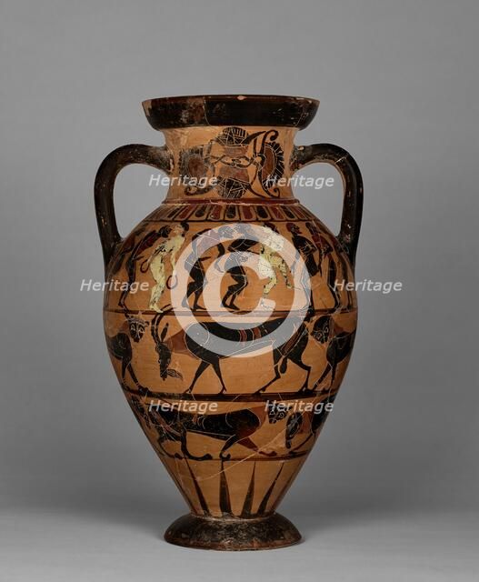 Neck amphora with (A) nude men and women, and (B) man and woman between sphinxes, 565-550 BC. Creator: Timiades Painter.