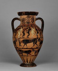 Neck amphora with (A) nude men and women, and (B) man and woman between sphinxes, 565-550 BC. Creator: Timiades Painter