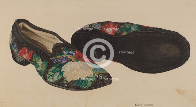 Needlepoint Slippers, c. 1940. Creator: LeRoy Griffith.