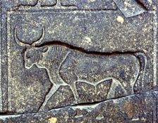 Negative relief on a pillar of Ramses II with the image of a bull, 1250 b.C.