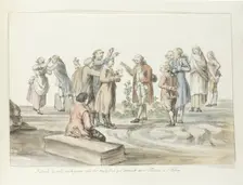 Negotiation between the guide of travel group and mule drivers for journey to Etna, 1778. Creator: Louis Ducros