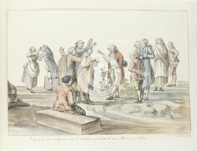 Negotiation between the guide of travel group and mule drivers for journey to Etna, 1778. Creator: Louis Ducros.