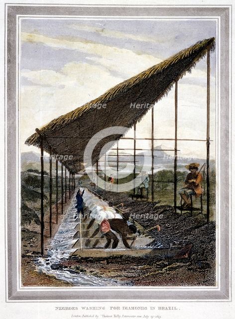 Negro slaves washing for diamonds watched over by supervisors with whips, Brazil, 1815. Artist: Unknown