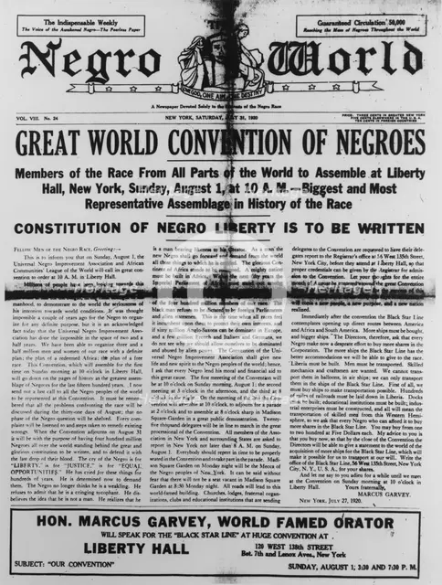 'Negro World', Vol. 8 no. 24, front page, 1920. Creator: Unknown.