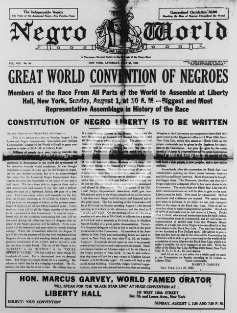 'Negro World', Vol. 8 no. 24, front page, 1920. Creator: Unknown.