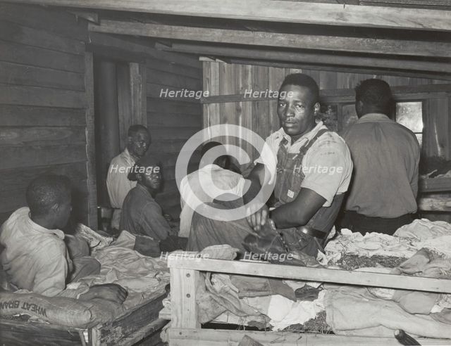 Negroes in bunkhouse in strawberry fields near Hammond, Louisiana; Note crude..., April 1939. Creators: Farm Security Administration, Russell Lee.
