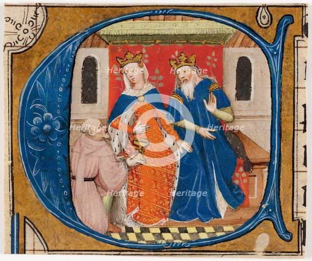 Nehemiah before King Artaxerxes, initial ‘C’ from a Bible, about 1430. Creator: Masters of Zweder van Culemborg.