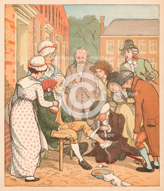 Neighbours dressing the good man of Islington's bite, c1879. Creator: Randolph Caldecott.