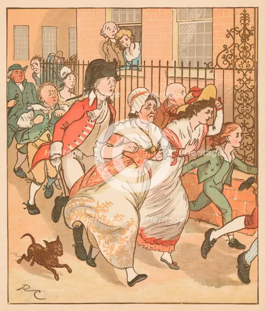 Neighbours rushing to help the good man of Islington, c1879.  Creator: Randolph Caldecott.