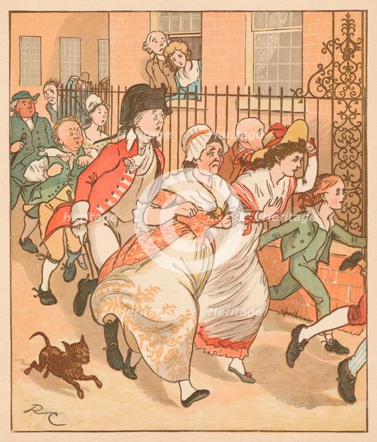 Neighbours rushing to help the good man of Islington, c1879.  Creator: Randolph Caldecott.