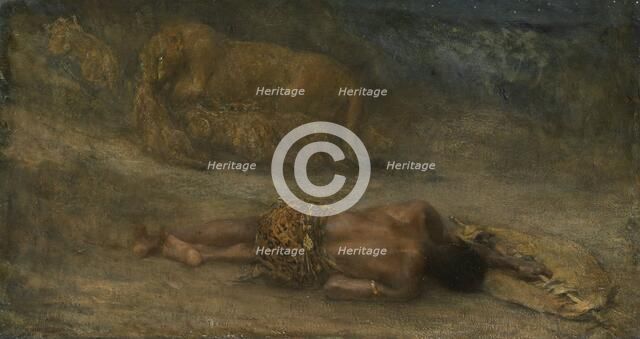 'Nemesis' - lioness with her cubs near the body of a black man, 1870-1905.  Creator: John MacAllan Swan.