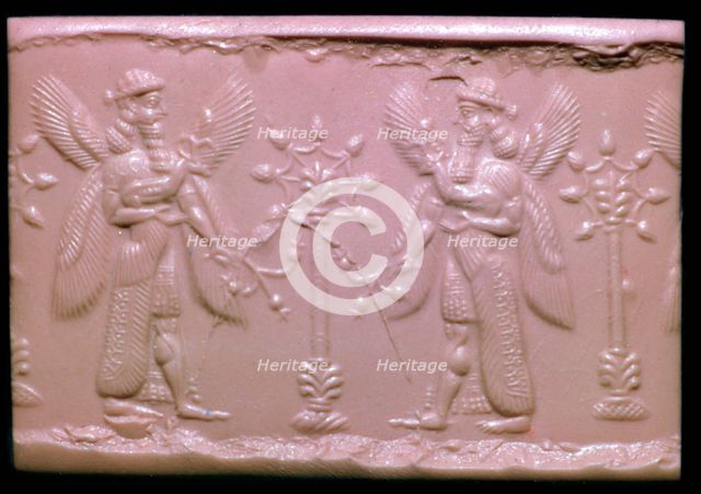 Neo-Assyrian cylinder-seal impression showing mythical beings making offerings. Artist: Unknown