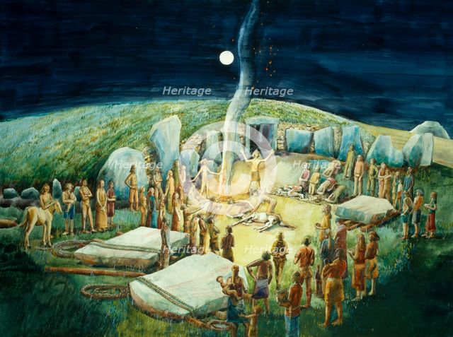 Neolithic ceremony at West Kennet Long Barrow, Wilshire, c1985-c2012. Artist: Judith Dobie.