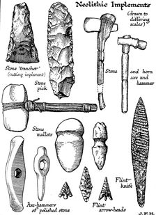 Neolithic implements of stone, flint and horn, c1890