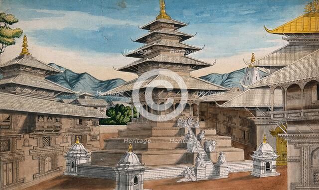 Nepal: Nyatapole temple in Bhaktapur(?), (between 1800 and 1899?). Creator: Unknown.