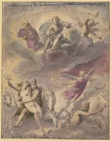 Neptune and Amphitrite with sea gods, horses, and the flying Fama; Jupiter, Mercury..., 1593. Creator: Georg Beham