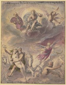 Neptune and Amphitrite with sea gods, horses, and the flying Fama; Jupiter, Mercury..., 1593. Creator: Georg Beham