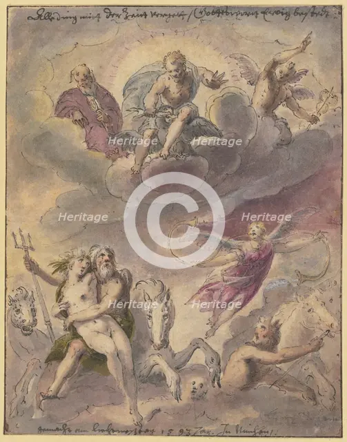 Neptune and Amphitrite with sea gods, horses, and the flying Fama; Jupiter, Mercury..., 1593. Creator: Georg Beham.