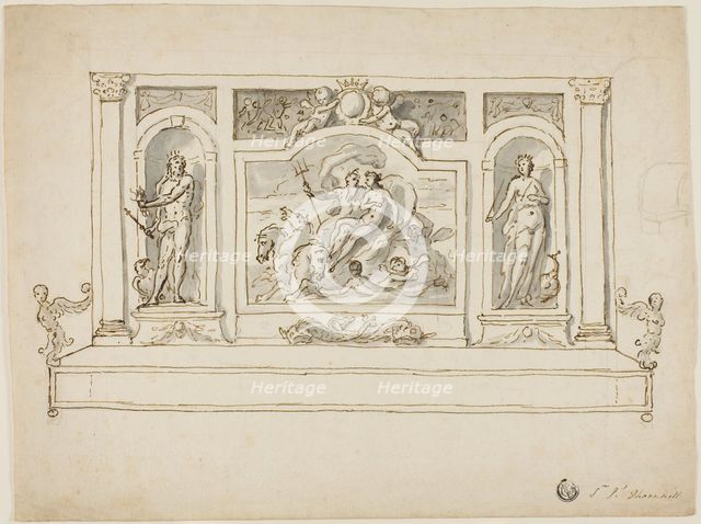 Neptune and Amphitrite Flanked by Jupiter and Juno: Design for Painted Hall or Garden Bench, n.d. Creator: Sir James Thornhill.