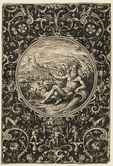 Neptune as a River God, plate two from The Judgment of Paris, 1575/1618. Creator: Adriaen Collaert