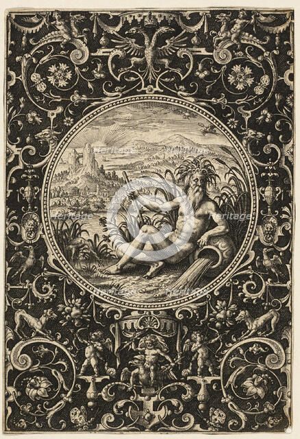 Neptune as a River God, plate two from The Judgment of Paris, 1575/1618. Creator: Adriaen Collaert.