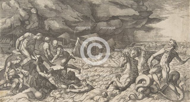Neptune calming the Tempest Aeolus raised against the Fleet of Aeneas, 1531-76. Creator: Giulio Bonasone.