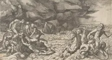 Neptune calming the Tempest Aeolus raised against the Fleet of Aeneas, 1531-76. Creator: Giulio Bonasone