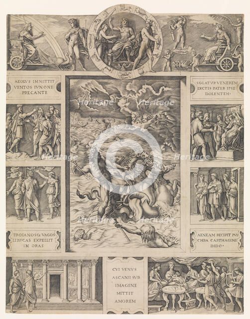 Neptune calming the tempest which Aeolus raised against Aeneas' fleet from Book I o..., ca. 1515-16. Creator: Marcantonio Raimondi.