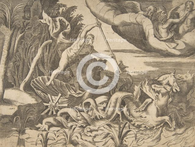 Neptune in his Chariot being drawn by seahorses, from the 'Division of the Universe', 1..., 1531-76. Creator: Giulio Bonasone.