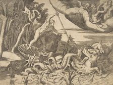 Neptune in his Chariot being drawn by seahorses, from the Division of the Universe 1..., 1531-76. Creator: Giulio Bonasone